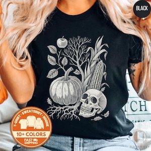 Spooky Harvest Skull T-Shirt, Halloween Graphic Tee, Autumnal Skull Sweatshirt, Gift for Halloween, Fall Harvest Shirt, Spooky Tshirt