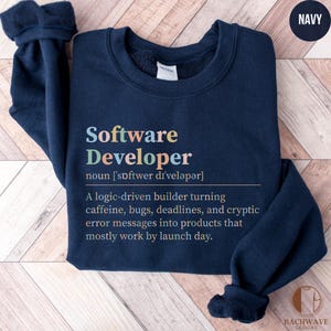 Navy sweatshirt with "Software Developer" definition and Bachwave Designs logo.