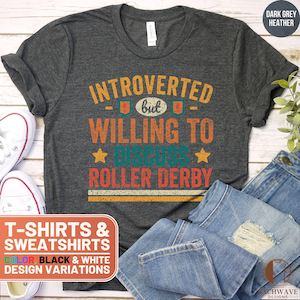 Introverted but Roller Derby Lover Shirt, Funny Roller Derby Crewneck Sweatshirt, Retro Roller Derby T-Shirt, Roller Derby Humor Sweater image 1