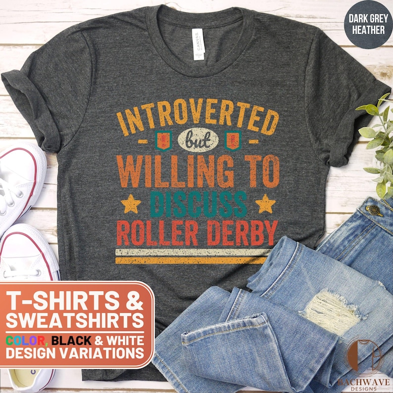 Introverted but Roller Derby Lover Shirt, Funny Roller Derby Crewneck Sweatshirt, Retro Roller Derby T-Shirt, Roller Derby Humor Sweater image 1