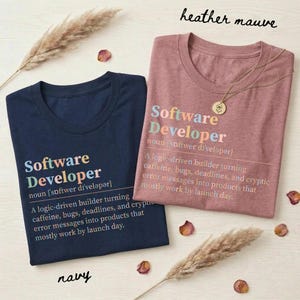 Navy and heather mauve t-shirts with "Software Developer" text.