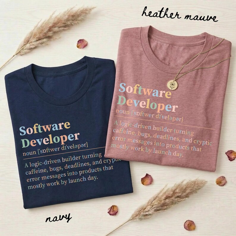 Navy and heather mauve t-shirts with "Software Developer" text.
