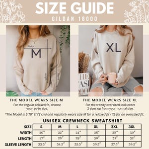 Gildan 18000 unisex sweatshirt size guide with model examples.