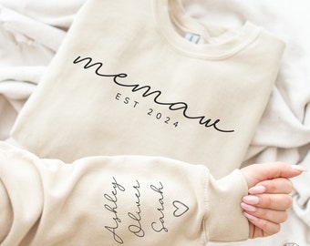 Personalized Memaw Sweatshirt with Grandkids Names on Sleeve, Custom Granny Sweater, Est Date Gramma Hoodie, Christmas Gift for Grandma, Mom