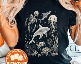 Spooky Sea Skeleton T-Shirt, Halloween Ocean Animals Sweatshirt, Funny Tshirt Gift, Unique Halloween Tee Shirt, Nautical Gift for Halloween