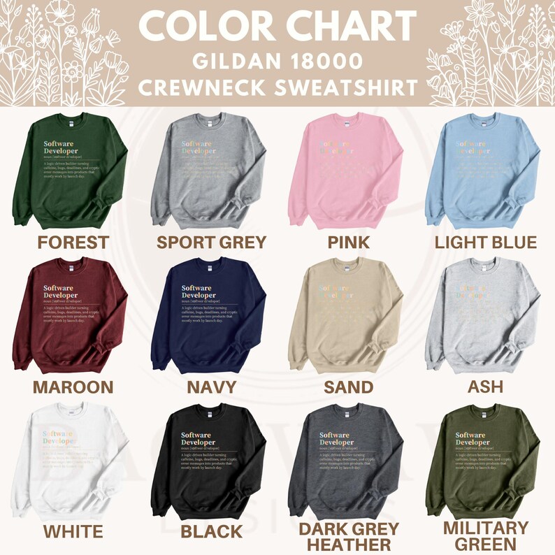 Gildan 18000 crewneck sweatshirt color chart with ten swatches.