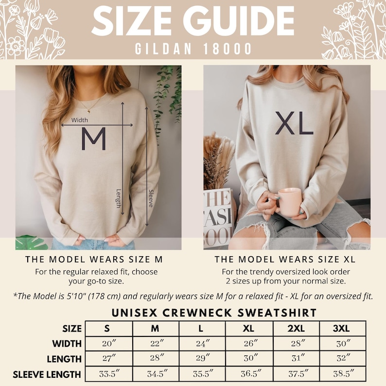 Unisex Crewneck Sweatshirt Size Guide Gildan 18000 Unisex Sizing Chart for Sweatshirt M to XL Cozy Sweatshirt Size Chart