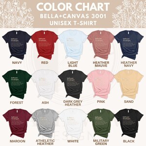 Color chart of BELLA+CANVAS 3001 unisex t-shirts in navy, red, and heather mauye.