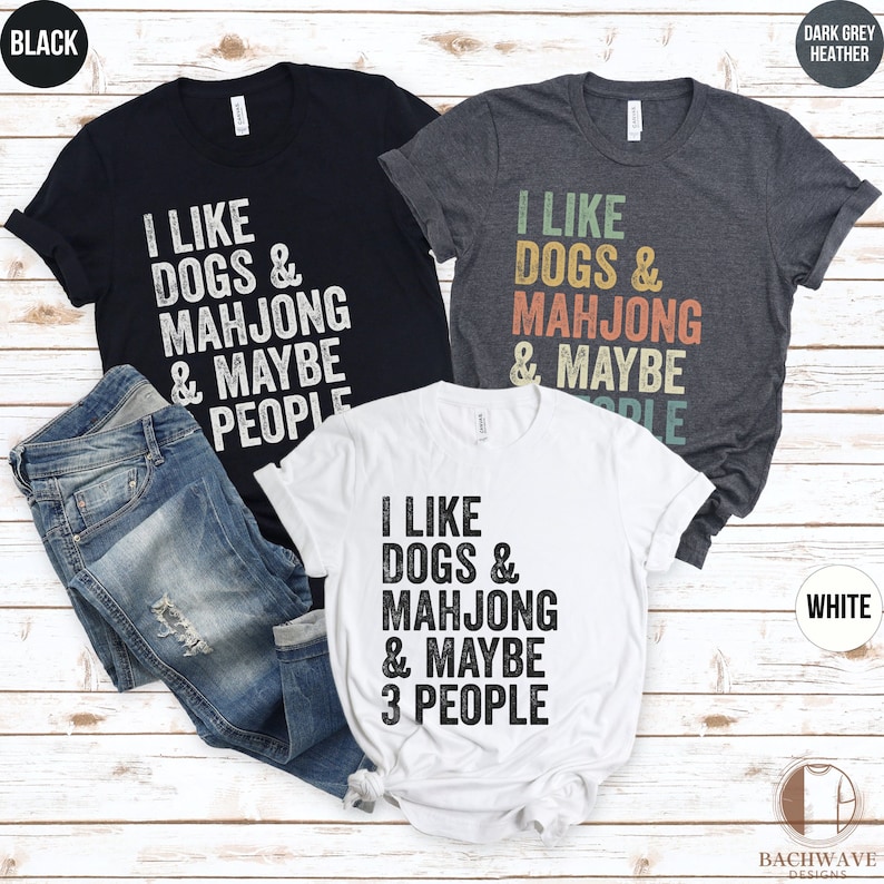 Funny Mahjong and Dogs Lover T-Shirt, Retro Style Crewneck Sweatshirt, Unique Gift Tee, Casual Sweater for Men and Women image 2