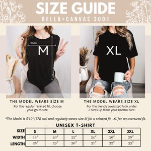 Bella+Canvas 3001 unisex t-shirt size guide with measurements for width and length.