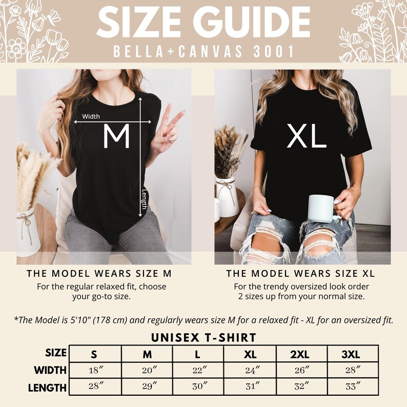 Bella+Canvas 3001 unisex t-shirt size guide with measurements for width and length.