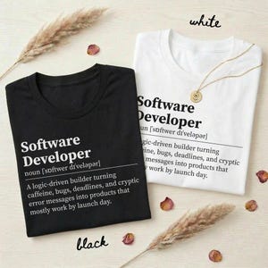 Black and white t-shirts with "Software Developer" definition and description.