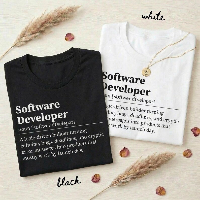 Black and white t-shirts with "Software Developer" definition and description.