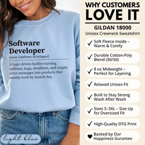 Light blue Gildan 18000 sweatshirt with "Software Developer" definition and customer love features.