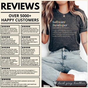 Dark grey heather t-shirt with "Software Developer" definition and customer reviews.