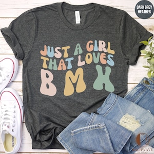 Just A Girl Who Loves BMX T-Shirt, Vintage BMX Bike Tee, Retro Biking Gift, Women&#39;s Cycling Top, Cute Groovy Mom Gift, Vintage BMX Lover Top