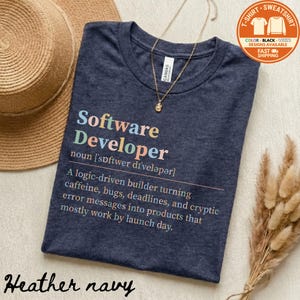 Heather navy t-shirt with "Software Developer" definition.