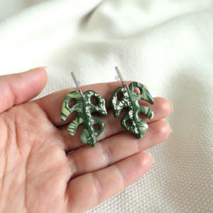 Monstera Variegata Earrings | Statement Tropical Jewelry | Polymer Clay Leaf | Large & Lightweight | Gold or Silver Stud Earrings Silver