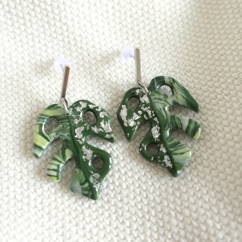 Monstera Variegata Earrings | Statement Tropical Jewelry | Polymer Clay Leaf | Large & Lightweight | Gold or Silver Stud Earrings image 2
