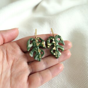 Monstera Variegata Earrings | Statement Tropical Jewelry | Polymer Clay Leaf | Large & Lightweight | Gold or Silver Stud Earrings Gold