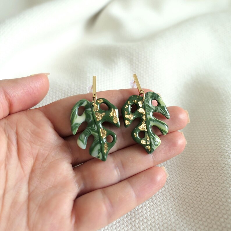 Monstera Variegata Earrings | Statement Tropical Jewelry | Polymer Clay Leaf | Large & Lightweight | Gold or Silver Stud Earrings Gold