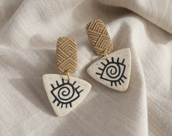 Ohrringe mit Auge Muster aus Polymer Clay in Neutral Farben , Boho Style Ohrringe mit Spiral Auge ,Leichte Hängende Ohrringe, Große Ohrringe