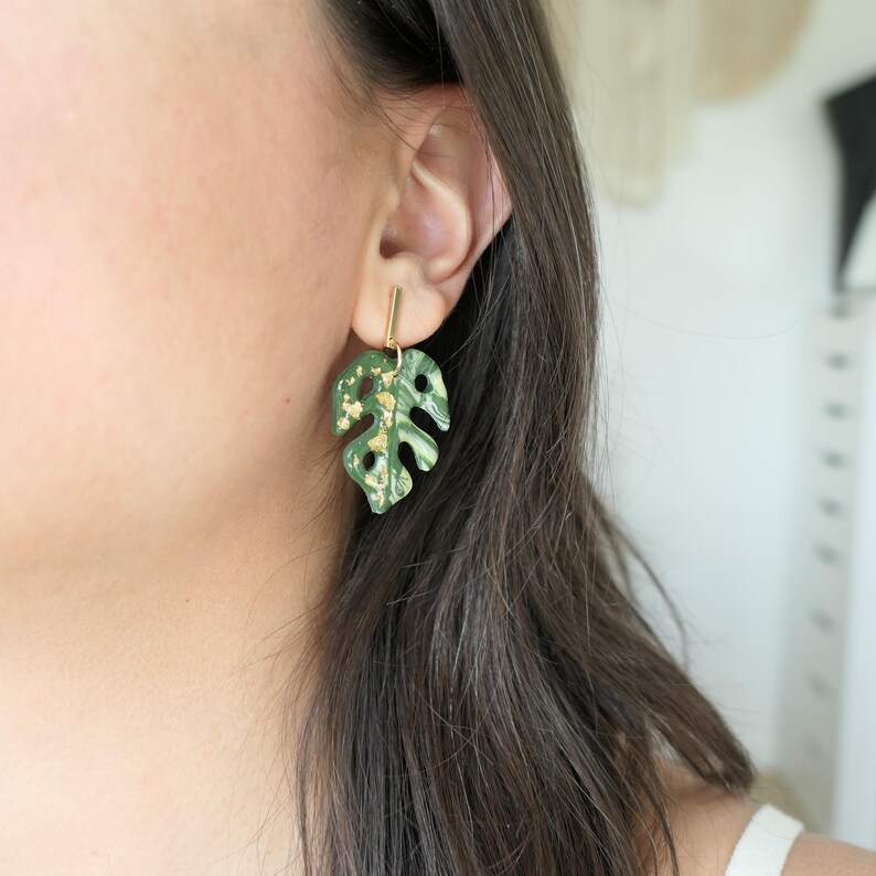 Monstera Variegata Earrings | Statement Tropical Jewelry | Polymer Clay Leaf | Large & Lightweight | Gold or Silver Stud Earrings image 6