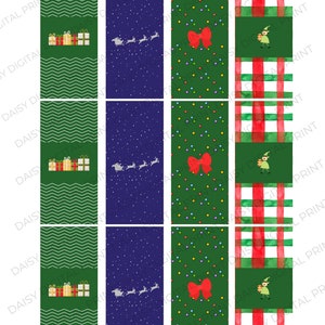 May include: Four different Christmas themed designs for printable gift tags. The designs include a green background with a white zig-zag pattern and presents, a blue background with white stars and a reindeer pulling a sleigh, a green background with red polka dots and a red bow, and a red and white plaid background with a green elf.