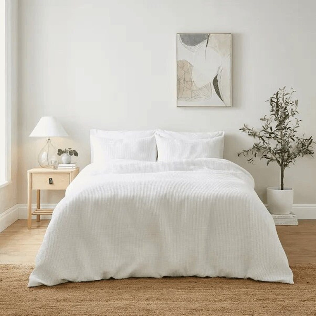 White Waffle Duvet Cover Set Single Double King Bedding Etsy UK
