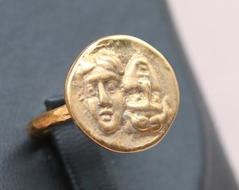 Anillo de sello de tragedia, anillo de intaglio, plata de ley 925K, anillo de moneda griega, anillo de moneda de oro antiguo, joyería única, regalo para mamá