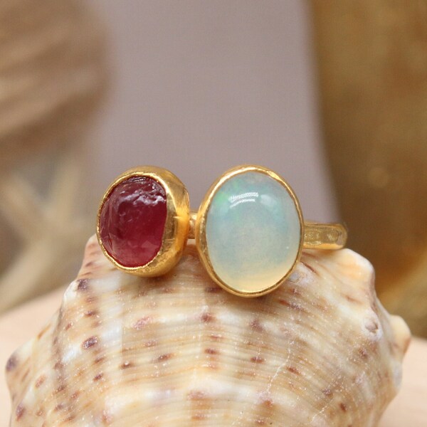 Handmade Raw Ruby and Natural Moonstone 925 Sterling Silver Ring Mothers Day Rings For Women