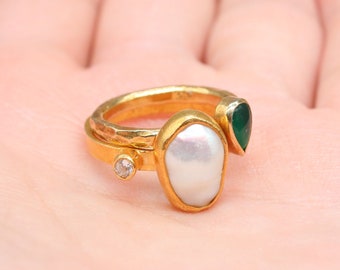 Natural Jade and Pearl 925k Sterling Silver Ring Mothers Day Rings For Women Handmade Gift Ring Two  Silver Ring