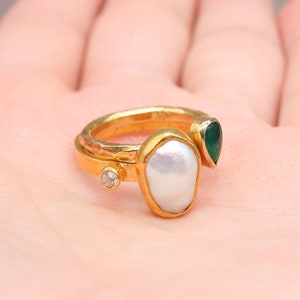 Natural Jade and Pearl 925k Sterling Silver Ring Mothers Day Rings For Women Handmade Gift Ring Two  Silver Ring