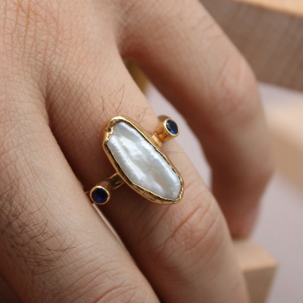 Baroque Freshwater Pearl Silver Ring, 24k Gold Plated Pearl Ring