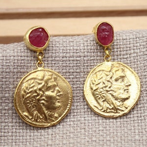 Raw Ruby and Ancient Roman Coin Silver Earrings Christmas Gift Handmade Jewelry