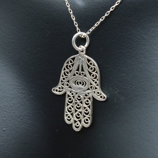 925 Silver Hamsa Chain Hand of Fatima Necklace Dainty Lucky Charm for Her