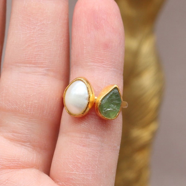 Handmade Raw Peridot and Pearl 925 Sterling Silver Ring Mothers Day Rings For Women