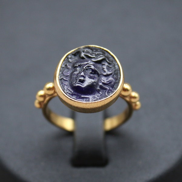 Intaglio Glass Black  Medusa Roman Coin Silver Signet Ring Mothers Day Men Silver Ring Intaglio Silver Signet Ring