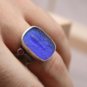 Blue Venetian Glass Intaglio Bee Silver Ring | Handmade Ring Vintage Ring