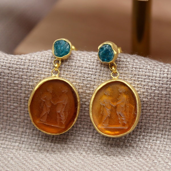 Handmade Silver Earrings with Intaglio Roman Marriage Emblem with Raw Blue Apatite Gold Carved Earrings, Hammered Earrings, Greek Earrings