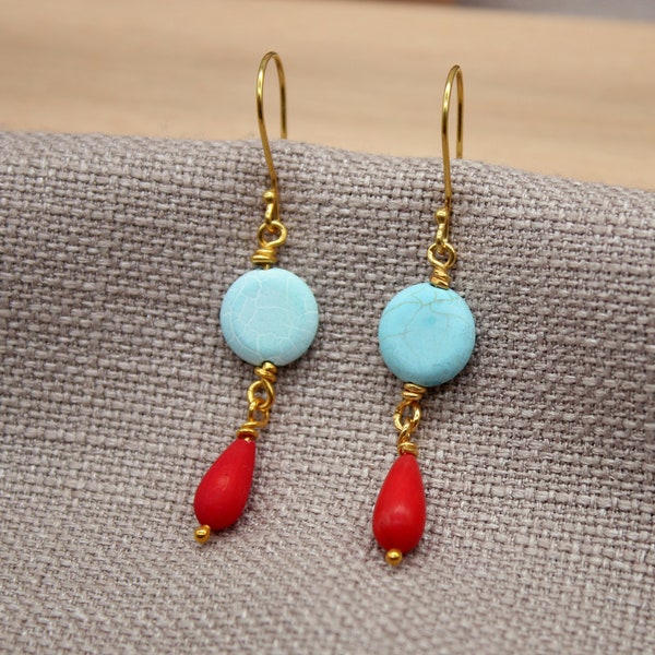 Minimalist Turquoise And Coral Silver Earrings,Birthstone Earrings, Silver Earrings, Earrings,  Christmas Gift Handmade Jewelry