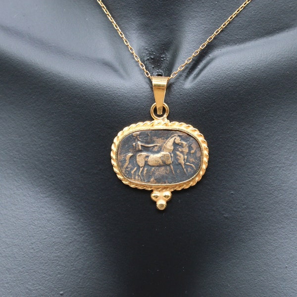 Antique Greek Intaglio Horse 925 Sterling Silver Necklace, Solid Sterling Necklace Gift For Her Mothers Day