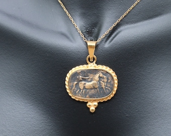 Antique Greek Intaglio Horse 925 Sterling Silver Necklace, Solid Sterling Necklace Gift For Her Mothers Day