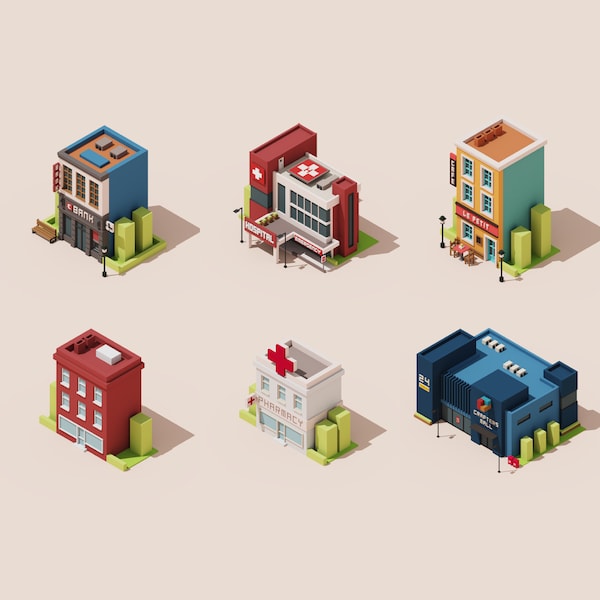 3D Buildings Pack 1 Voxel Models for 3D Print and Gaming, STL File, OBJ File, VOX File, Miniature House Buildings