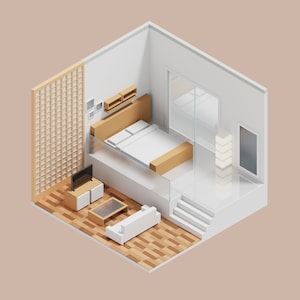 May include: A 3D isometric illustration of a modern living room with a wooden floor, a white couch, a coffee table, a TV stand, and a bed with a wooden headboard. The room has a large window and a wooden screen.