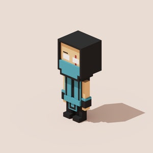 May include: A blue and black pixelated figure with a blue mask and a red mark on its face. The figure is standing with its arms at its sides.