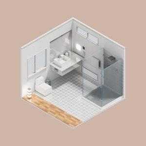 Op de afbeelding: Isometrisch beeld van een witte badkamer met een toilet, wastafel en douchecabine. De vloer is betegeld met wit en grijs, en er is een houten vloerplank op de voorgrond.