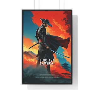 May include: A poster for the movie "Blue Eye Samurai" featuring a samurai warrior in a black and red outfit holding a sword. The background is a red and orange sunset with clouds. The text "Blue Eye Samurai" is in white letters on a black background.