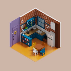 3D Friends Monica&#39;s Kitchen Voxel Model for 3D Print and Gaming, STL File, OBJ File, VOX File, Interior Room Model