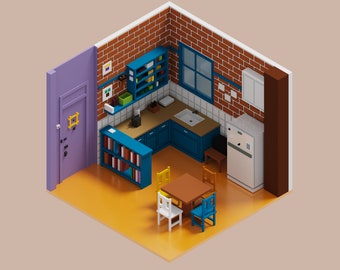 3D Friends Monica&#39;s Kitchen Voxel Model for 3D Print and Gaming, STL File, OBJ File, VOX File, Interior Room Model